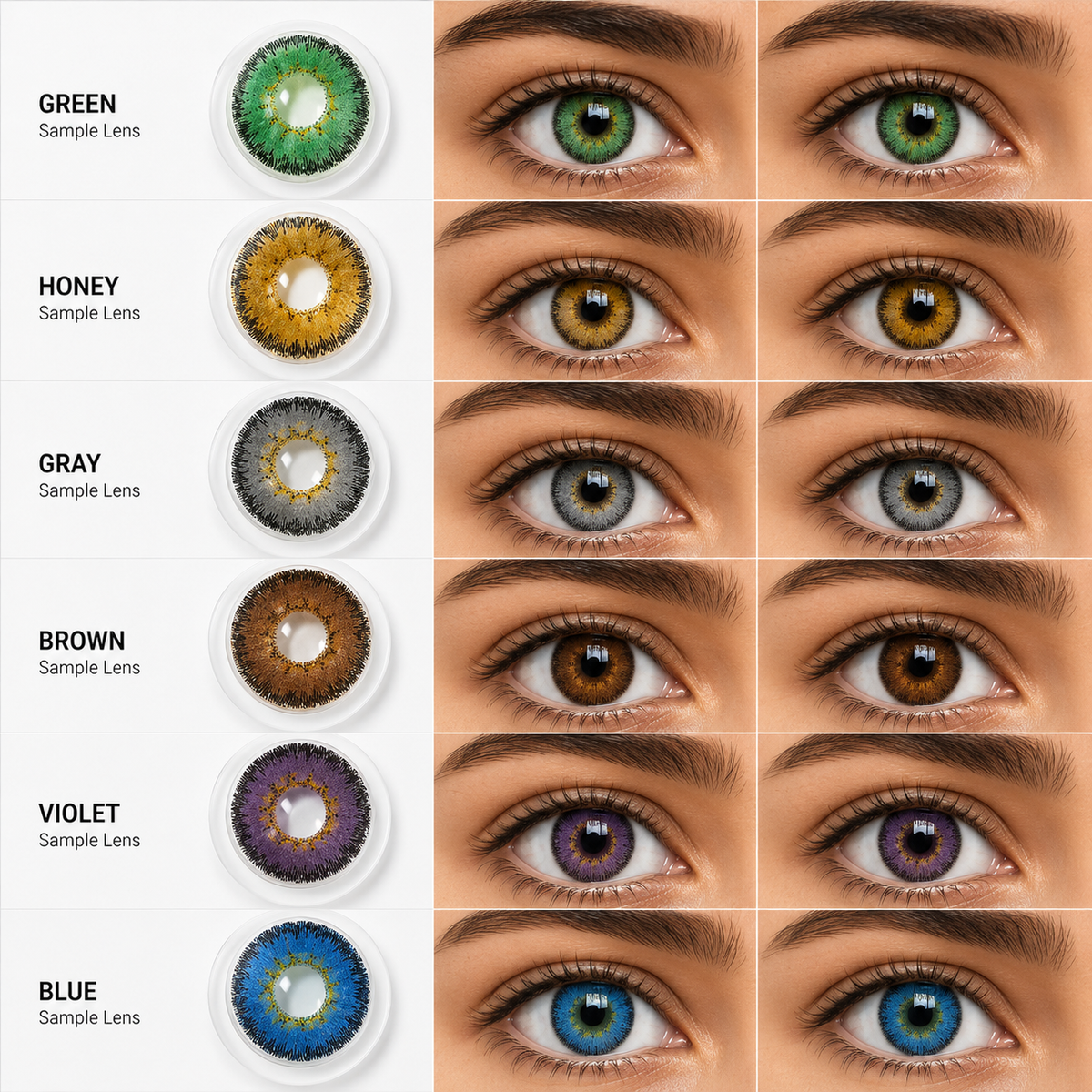 Color Contact Lens (Plano) | Green, Honey, Gray, Brown, Violet