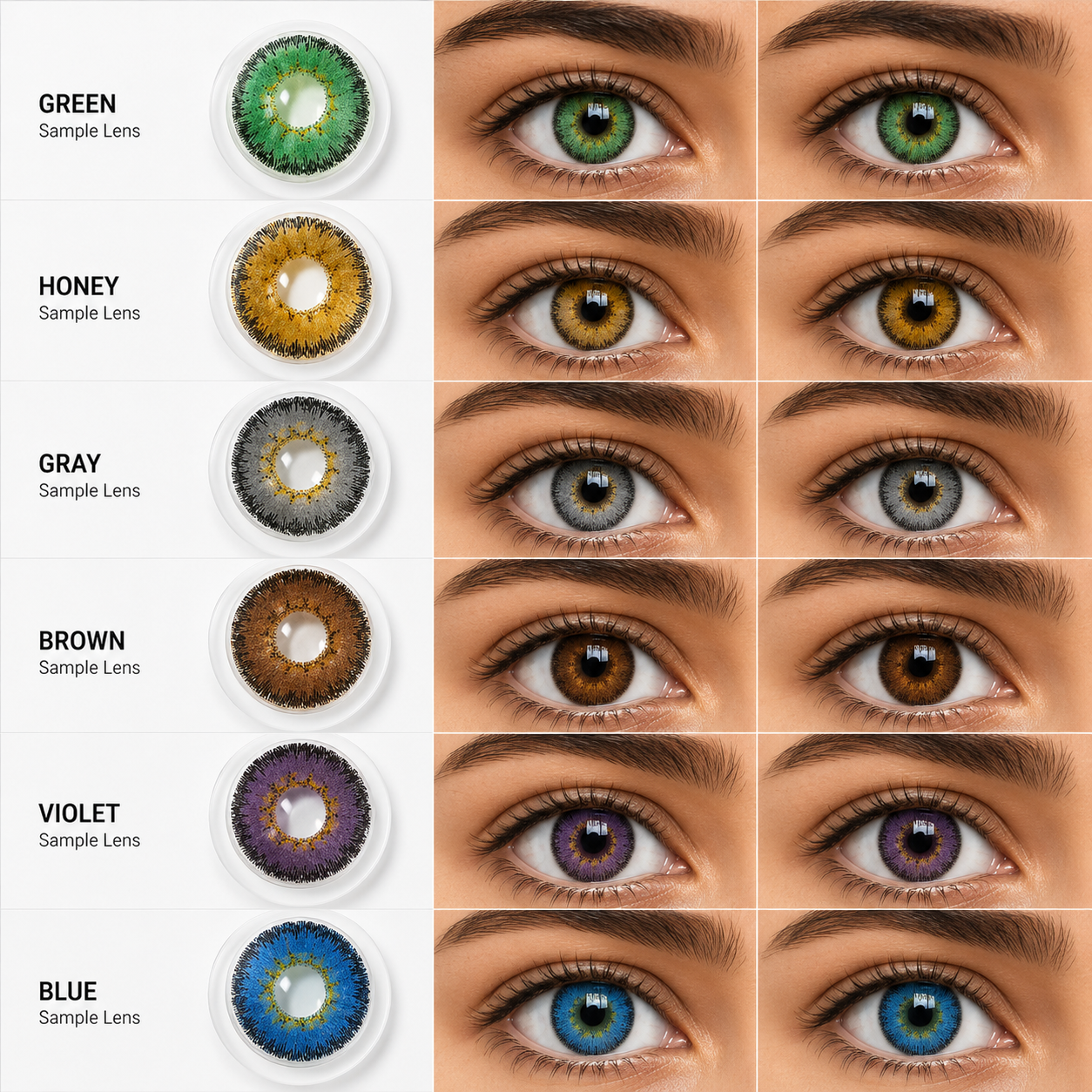 Color Contact Lens (Plano) | Green, Honey, Gray, Brown, Violet