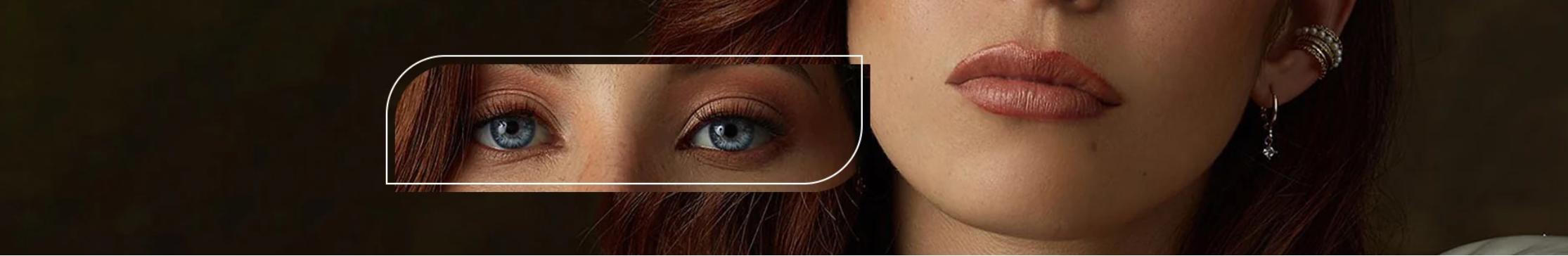 Promotional banner with the text 'NEW ARRIVALS' over a close-up portrait of a woman with blue eyes and reddish-brown hair, plus a small inset eye detail showing lashes and eyewear.